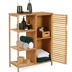 IDMarket Meuble de rangement salle de bain bambou BEA 3 étagères avec placard