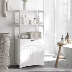 kleankin Meuble de rangement salle de bain - 2 portes, tiroir, 3 étagères - dim. 60L x 33l x 122H cm - MDF blanc