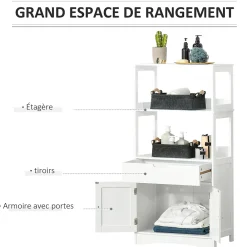 kleankin Meuble de rangement salle de bain - 2 portes, tiroir, 3 étagères - dim. 60L x 33l x 122H cm - MDF blanc