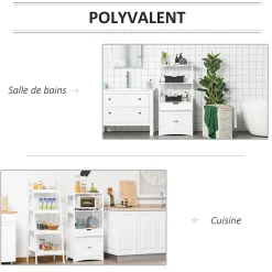 kleankin Meuble de rangement salle de bain - 2 portes, tiroir, 3 étagères - dim. 60L x 33l x 122H cm - MDF blanc