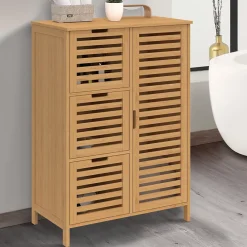 Armoire De Salle De Bains|IDMarket Meuble de rangement salle de bain bambou BEA 3 tiroirs avec placard