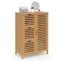 Armoire De Salle De Bains|IDMarket Meuble de rangement salle de bain bambou BEA 3 tiroirs avec placard