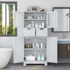 Meuble De Salle De Bains Faible Profondeur|Armoire De Salle De Bains|Giantex Meuble de Rangement sur Pied avec Compartiment à Porte en Verre Trempé 2 Tiroirs et 1 Cabinet Clôturé Meuble dIntérieur