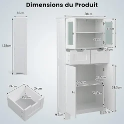 Meuble De Salle De Bains Faible Profondeur|Armoire De Salle De Bains|Giantex Meuble de Rangement sur Pied avec Compartiment à Porte en Verre Trempé 2 Tiroirs et 1 Cabinet Clôturé Meuble dIntérieur