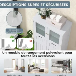 Meuble De Salle De Bains Faible Profondeur|Armoire De Salle De Bains|Giantex Meuble de Rangement sur Pied avec Compartiment à Porte en Verre Trempé 2 Tiroirs et 1 Cabinet Clôturé Meuble dIntérieur