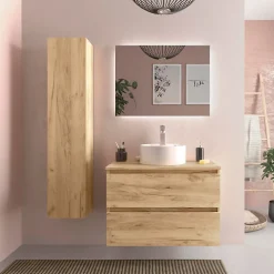 Planète Bain Meuble de salle de bain - 80 cm - Avec vasque à poser - Effet chêne brut - A suspendre - KARAIB