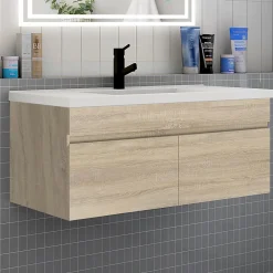 AICA Sanitaire Meuble de salle de bain 100 cm avec vasque suspendu 2 portes, meuble bois clair