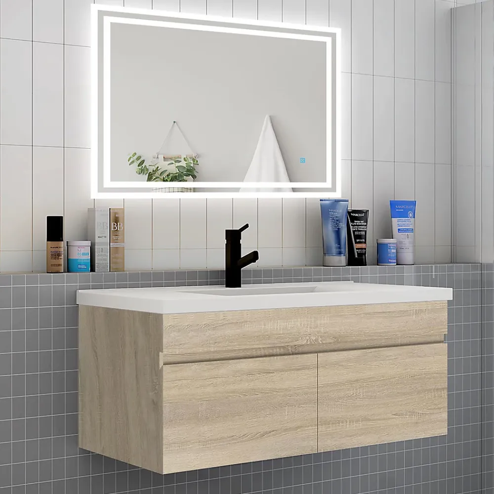 AICA Sanitaire Meuble de salle de bain 100 cm avec vasque suspendu 2 portes, meuble bois clair