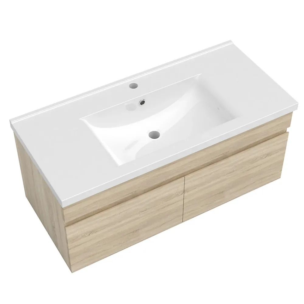 AICA Sanitaire Meuble de salle de bain 100 cm avec vasque suspendu 2 portes, meuble bois clair
