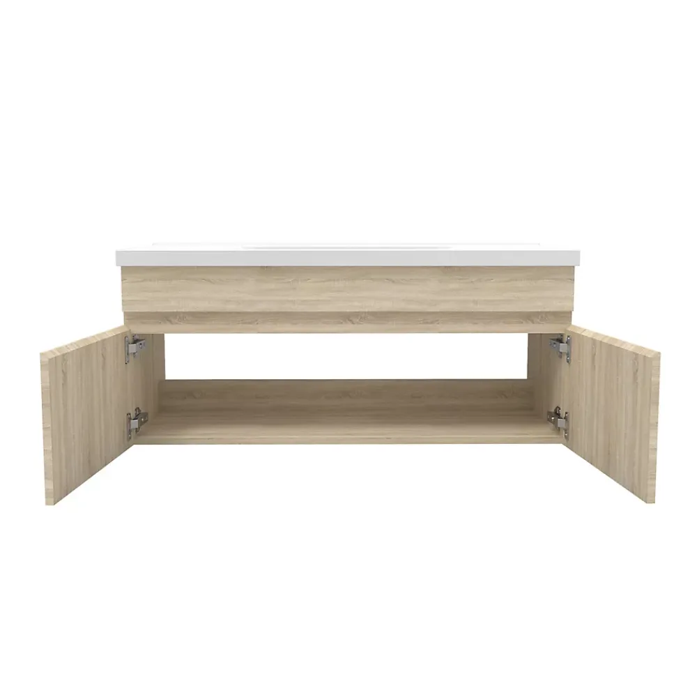 AICA Sanitaire Meuble de salle de bain 100 cm avec vasque suspendu 2 portes, meuble bois clair