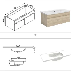 AICA Sanitaire Meuble de salle de bain 100 cm avec vasque suspendu 2 portes, meuble bois clair