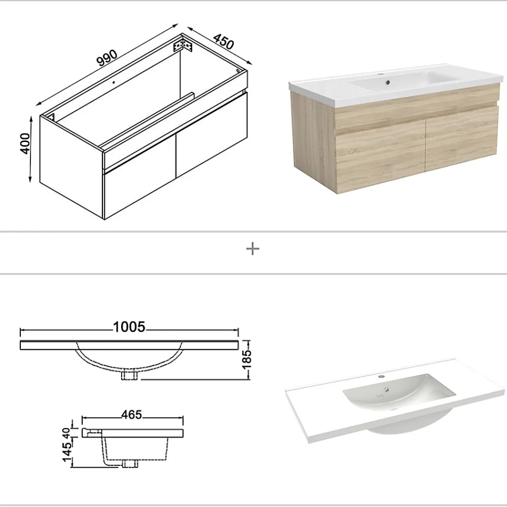 AICA Sanitaire Meuble de salle de bain 100 cm avec vasque suspendu 2 portes, meuble bois clair
