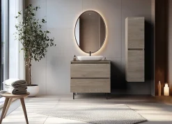 Lave-Mains|3xE Living Meuble de salle de bain 80 cm avec plan de travail supérieur + pieds meuble, Couleur: Chêne Foncé, 80 x 46 x 80,7 cm