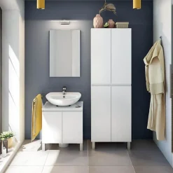 Generic Meuble de salle de bain - double colonne - Blanc brillant - 4 portes - L60 x P35 x H182 cm - DESTAL