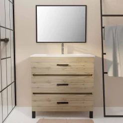 Aurlane Meuble de salle de bain 80 cm - Chêne industriel - 3 Tiroirs - Vasque et Miroir