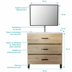 Aurlane Meuble de salle de bain 80 cm - Chêne industriel - 3 Tiroirs - Vasque et Miroir