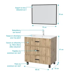Aurlane Meuble de salle de bain 80 cm - Chêne industriel - 3 Tiroirs - Vasque et Miroir