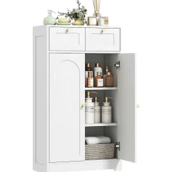 Armoire De Salle De Bains|Homcom Meuble de salle de bain - 2 tiroirs, 2 portes, étagères réglables - dim. 60 x 30 x 108 cm - blanc