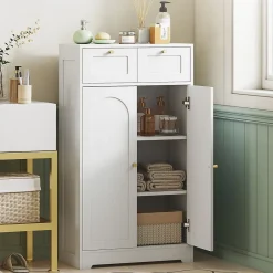 Armoire De Salle De Bains|Homcom Meuble de salle de bain - 2 tiroirs, 2 portes, étagères réglables - dim. 60 x 30 x 108 cm - blanc