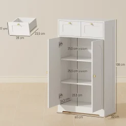 Armoire De Salle De Bains|Homcom Meuble de salle de bain - 2 tiroirs, 2 portes, étagères réglables - dim. 60 x 30 x 108 cm - blanc