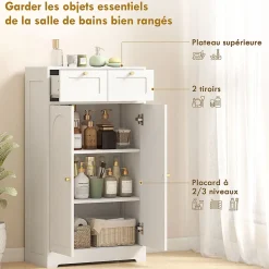 Armoire De Salle De Bains|Homcom Meuble de salle de bain - 2 tiroirs, 2 portes, étagères réglables - dim. 60 x 30 x 108 cm - blanc