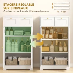 Armoire De Salle De Bains|Homcom Meuble de salle de bain - 2 tiroirs, 2 portes, étagères réglables - dim. 60 x 30 x 108 cm - blanc