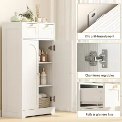 Armoire De Salle De Bains|Homcom Meuble de salle de bain - 2 tiroirs, 2 portes, étagères réglables - dim. 60 x 30 x 108 cm - blanc