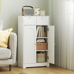 Armoire De Salle De Bains|Homcom Meuble de salle de bain - 2 tiroirs, 2 portes, étagères réglables - dim. 60 x 30 x 108 cm - blanc