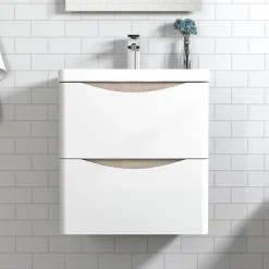 Meuble Vasque|AICA Sanitaire Meuble de salle de bain avec vasque 50 cm, meuble blanc et bois avec 2 tiroirs, meuble démonté