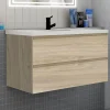 AICA Sanitaire Meuble de salle de bain avec lavabo, 100 cm, 2 tiroirs avec fermeture amortie, meuble suspendu chêne