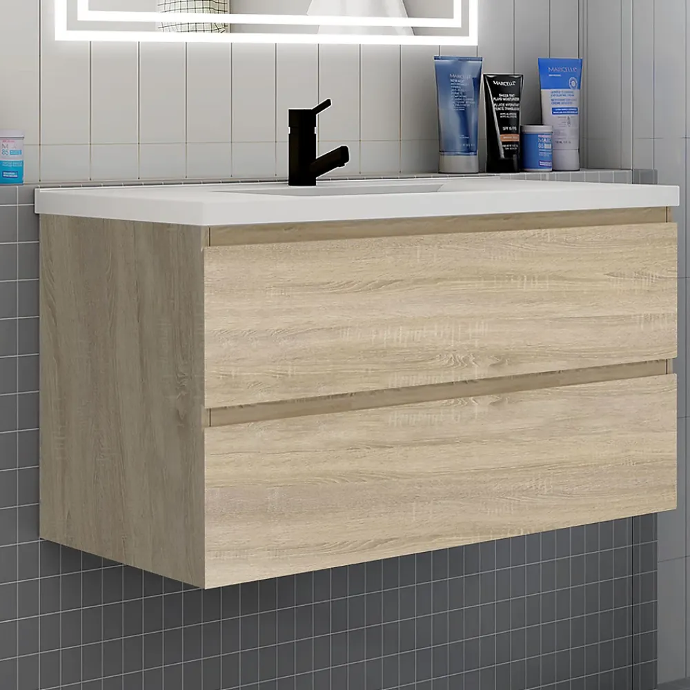 AICA Sanitaire Meuble de salle de bain avec lavabo, 100 cm, 2 tiroirs avec fermeture amortie, meuble suspendu chêne