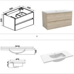 AICA Sanitaire Meuble de salle de bain avec lavabo, 100 cm, 2 tiroirs avec fermeture amortie, meuble suspendu chêne
