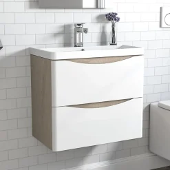 Meuble Vasque|AICA Sanitaire Meuble de salle de bain avec vasque 60 cm, meuble blanc et bois avec 2 tiroirs, meuble démonté