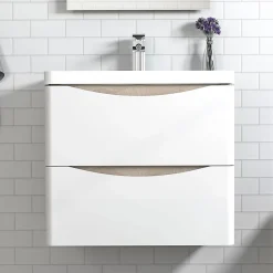 Meuble Vasque|AICA Sanitaire Meuble de salle de bain avec vasque 60 cm, meuble blanc et bois avec 2 tiroirs, meuble démonté