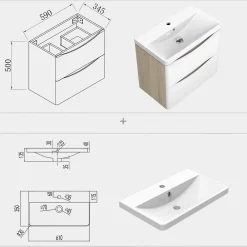 Meuble Vasque|AICA Sanitaire Meuble de salle de bain avec vasque 60 cm, meuble blanc et bois avec 2 tiroirs, meuble démonté
