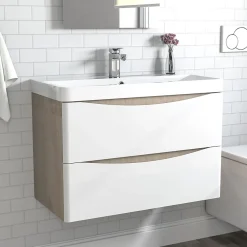 AICA Sanitaire Meuble de salle de bain avec vasque 80 cm, meuble blanc et bois avec 2 tiroirs, meuble démonté