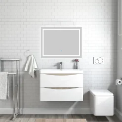 AICA Sanitaire Meuble de salle de bain avec vasque 80 cm, meuble blanc et bois avec 2 tiroirs, meuble démonté
