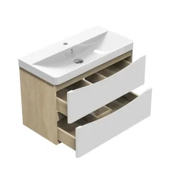 AICA Sanitaire Meuble de salle de bain avec vasque 80 cm, meuble blanc et bois avec 2 tiroirs, meuble démonté