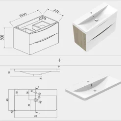 AICA Sanitaire Meuble de salle de bain avec vasque 80 cm, meuble blanc et bois avec 2 tiroirs, meuble démonté