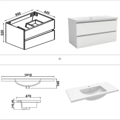 Meuble Vasque|AICA Sanitaire Meuble de salle de bain avec lavabo, 100 cm, 2 tiroirs avec fermeture amortie, meuble suspendu blanc