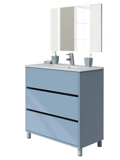 Etagère Salle De Bains|Pegane Meuble de salle de bain avec 3 portes coloris bleu azul - Hauteur 88 x Longueur 81 x Profondeur 47 cm