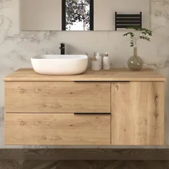Ensemble Meuble De Salle De Bains|Cosyneo Meuble de salle de bain avec vasque à poser arrondie KING et miroir Led STAM - Roble (chêne clair) - 120cm