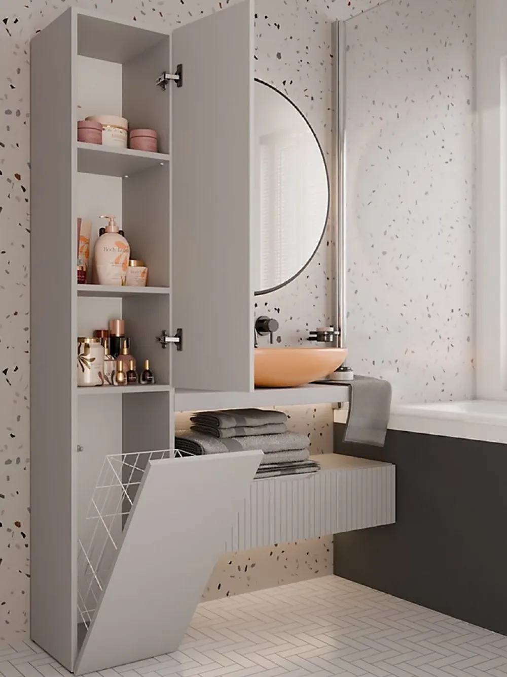 Armoire De Salle De Bains|3xE Living Meuble de salle de bain avec panier à linge, cachemire, 174 x 31 x 30cm