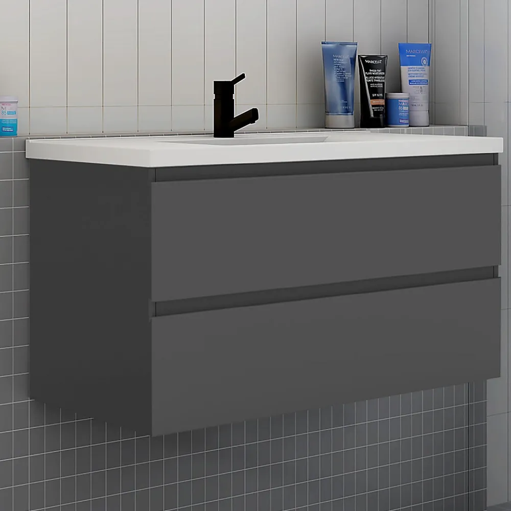AICA Sanitaire Meuble de salle de bain avec lavabo, 100 cm, 2 tiroirs avec fermeture amortie, meuble suspendu anthracite