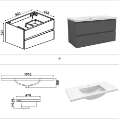 AICA Sanitaire Meuble de salle de bain avec lavabo, 100 cm, 2 tiroirs avec fermeture amortie, meuble suspendu anthracite