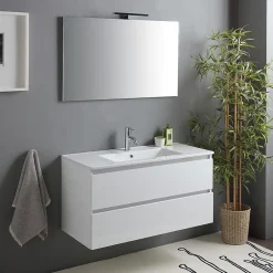 Ensemble Meuble De Salle De Bains|Kiamami Valentina Meuble De Salle De Bain Avec Tiroirs 100Cm Lavabo Et Miroir Blanc Brillant - Benaco