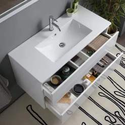Ensemble Meuble De Salle De Bains|Kiamami Valentina Meuble De Salle De Bain Avec Tiroirs 100Cm Lavabo Et Miroir Blanc Brillant - Benaco