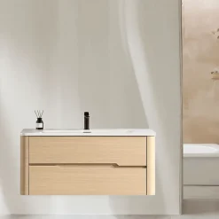 Jindoli Meuble de salle de bain avec vasque 100 cm effet chêne naturel Aquabale