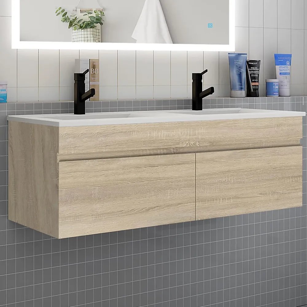 AICA Sanitaire Meuble de salle de bain avec double vasque chêne, meuble suspendu 120 cm avec double porte chêne