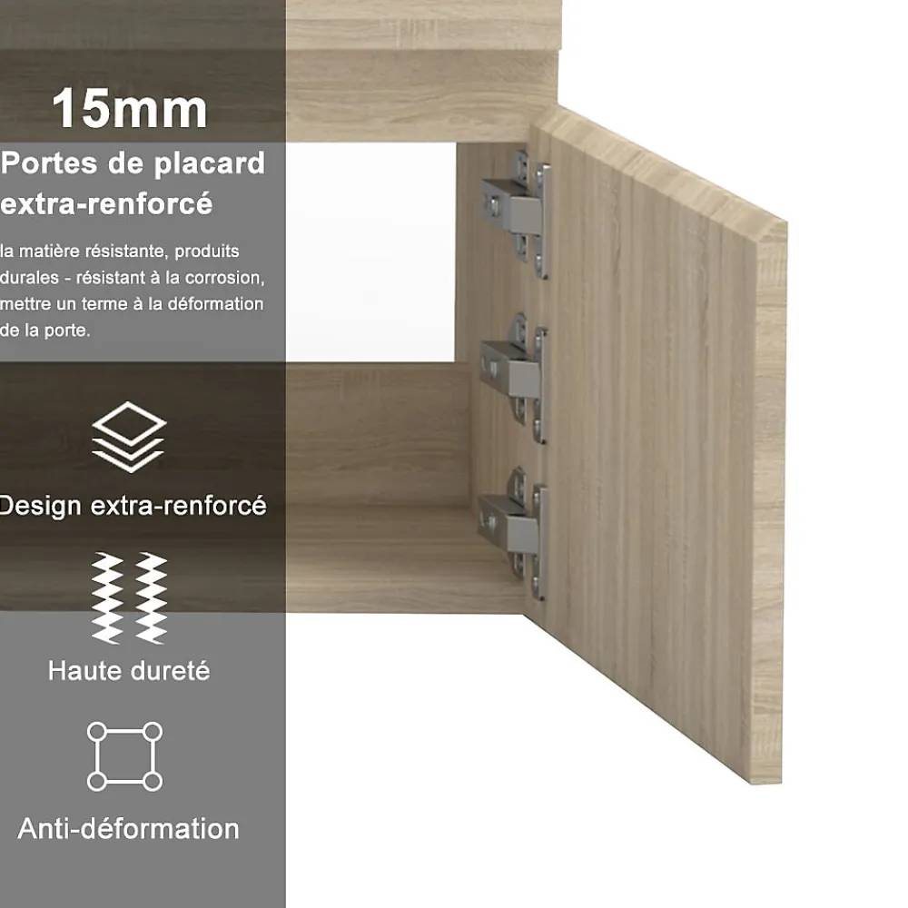 AICA Sanitaire Meuble de salle de bain avec double vasque chêne, meuble suspendu 120 cm avec double porte chêne